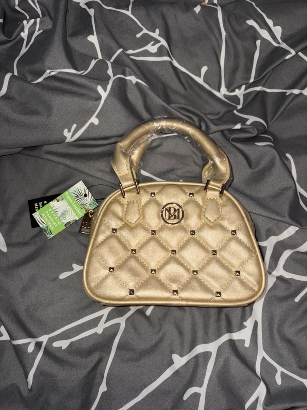 NWT Badgley Mischka Studio Metallic Gold Quilted Studded Dome Crossbody Bag